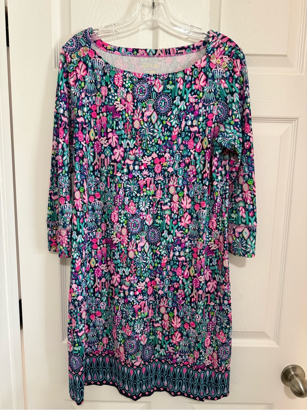 Lilly Pulitzer Sophie Low Tide Navy Floral Geometric Print with Pink, Teal Green